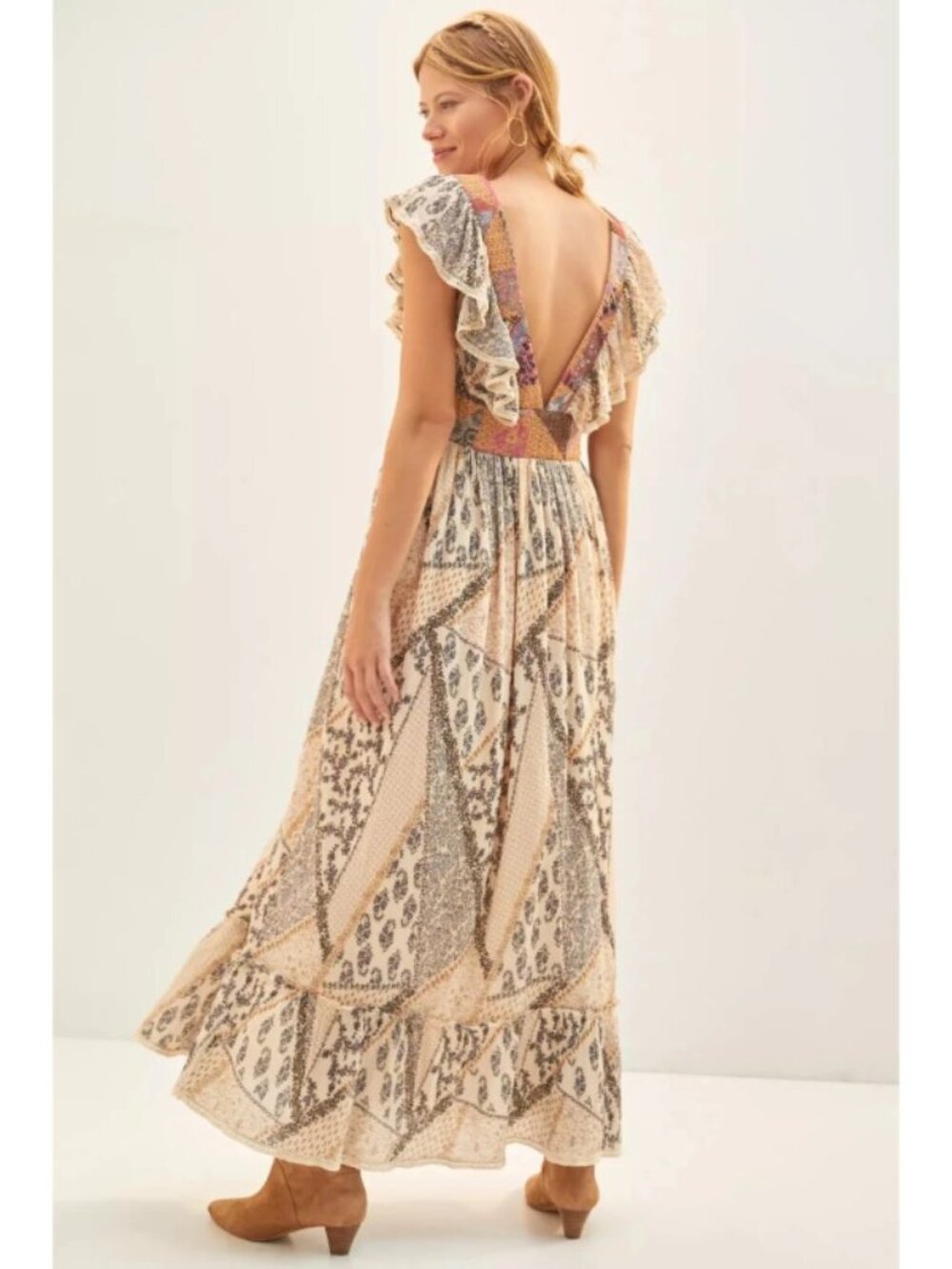Anthropologie Let Me Be Quilted Ruffle Patchwork Maxi Dress Sz PXS - Picture 3 of 6